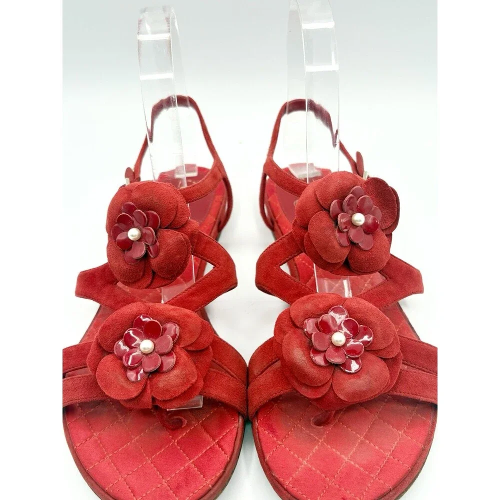 Chanel Red Suede Sandals w/ Camelia Flower Accents Pearls T Strap Size EU 37